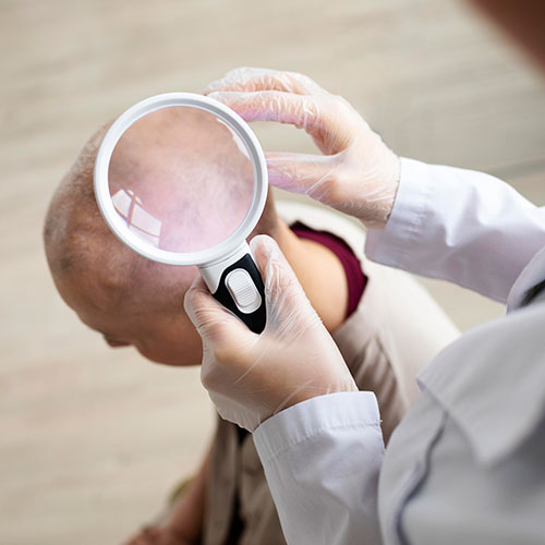 doctor examining male patient head with magnifying glass skin cancer specialist dermatology treatment with doctor fakouri in texas